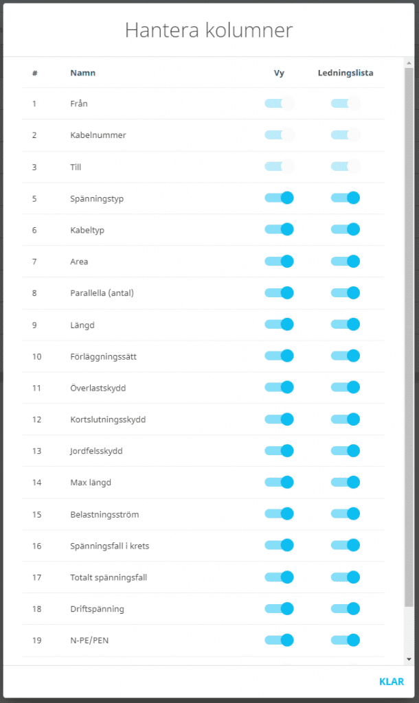 EL-VIS Cable: Manage columns to show and hide in the application and/or Cable List print