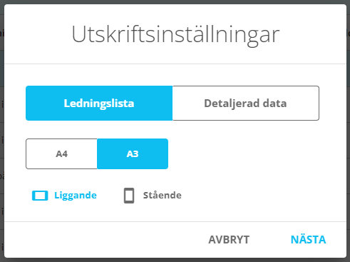 EL-VIS Kabel dialog för utskriftsinställningar. Välj mellan typerna Ledningslista och Detaljerad data.