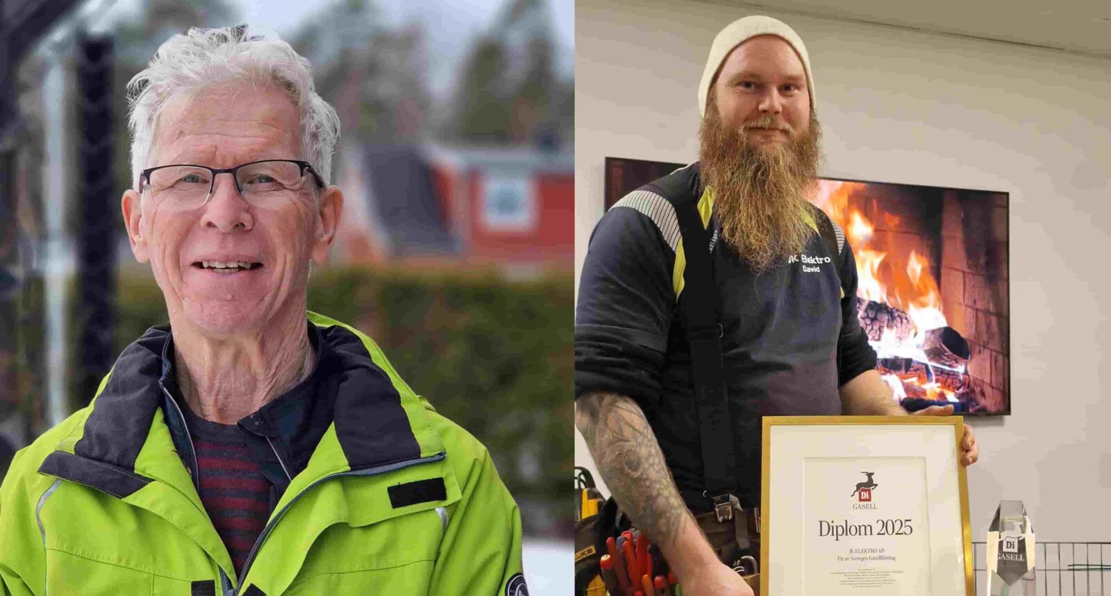 En äldre man i grön jacka och en yngre man med skägg